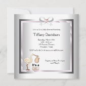 Silver and Pink Stork Baby Dusche Einladung (Rückseite)