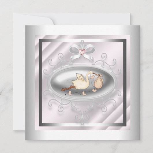 Silver and Pink Stork Baby Dusche Einladung (Vorderseite)