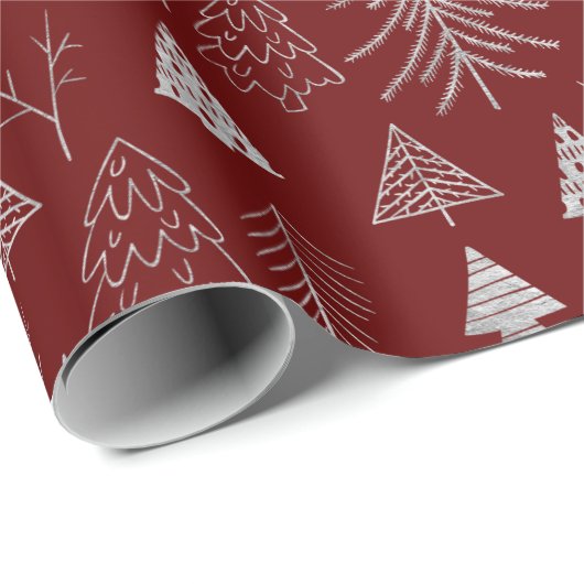 Silver and Red Christmas Tree Forest Pattern Geschenkpapier (Rolleneckpunkt)