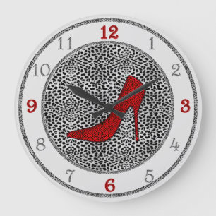 Silver and Red with Cheetah Animal Print Große Wanduhr