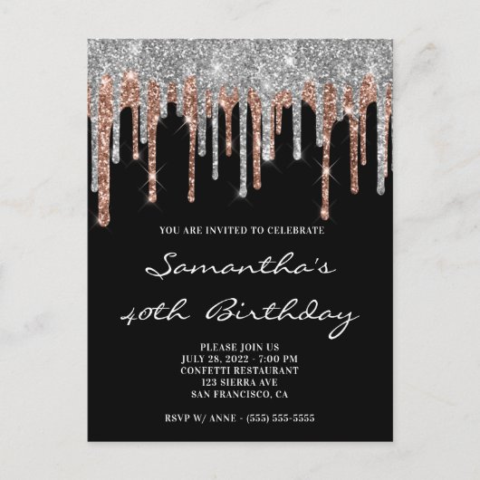 Silver and Rose Gold Glitzer Tropfen Black Birthda Postkarte (Vorderseite)