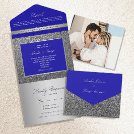 Silver and Royal Blue Luxury Wedding All In One Einladung