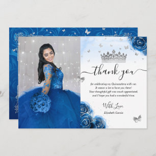 Silver and Royal Blue Quinceñera Foto Geburtstag Dankeskarte