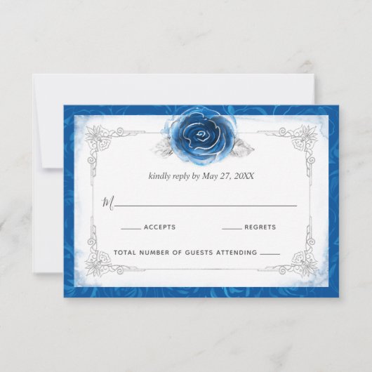 Silver and Royal Blue Rose Elegant RSVP Karte (Vorderseite)