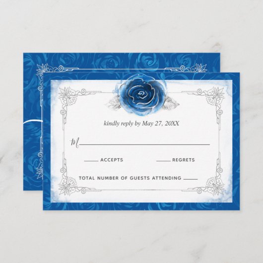 Silver and Royal Blue Rose Elegant RSVP Karte (Vorne/Hinten)