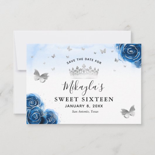 Silver and Royal Blue Rose Elegant Save the Date (Vorderseite)