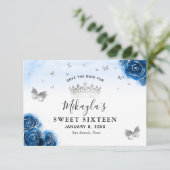 Silver and Royal Blue Rose Elegant Save the Date (Stehend Vorderseite)