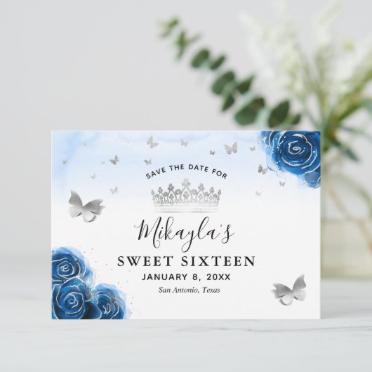 Silver and Royal Blue Rose Elegant Save the Date (Stehend Vorderseite)