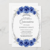 Silver and Royal Blue Rose Elegante Quinceanera Einladung (Vorne/Hinten)