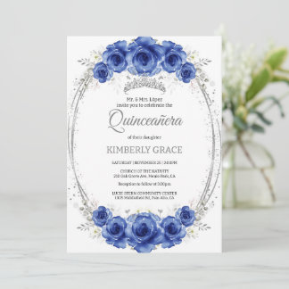 Silver and Royal Blue Rose Elegante Quinceanera Einladung