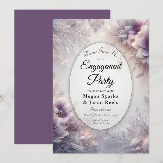 Silver and Soft Amethyst Winter Engagement Party Einladung (Vorne/Hinten)