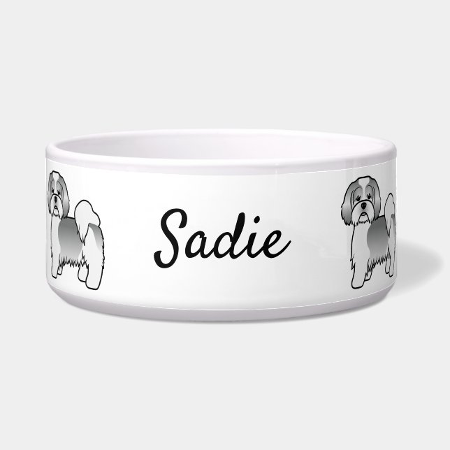Silver and White Lhasa Apso Cartoon Dog & Name Napf (Vorderseite)