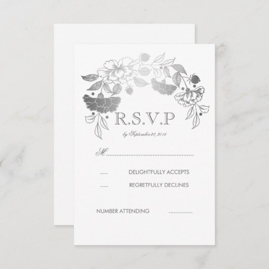 Silver and White Peonies Laurel Wedding RSVP Cards (Vorne/Hinten)