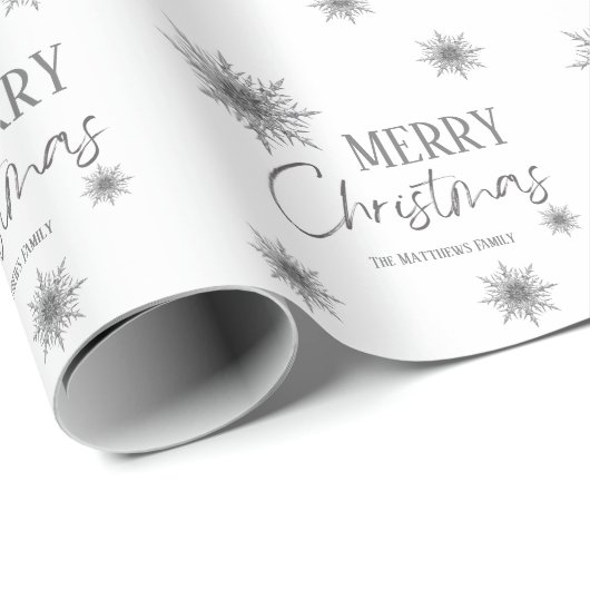 Silver and White Snowflake Script Weihnachten Geschenkpapier (Rolleneckpunkt)