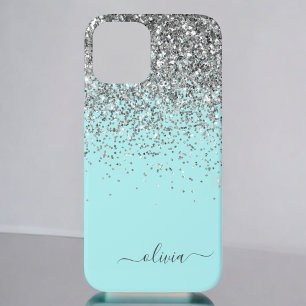 Silver Aqua Aquamarin Blue Girl Glitzer Monogram C Case-Mate iPhone Hülle