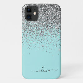 Silver Aqua Aquamarin Blue Girl Glitzer Monogram Case-Mate iPhone Hülle