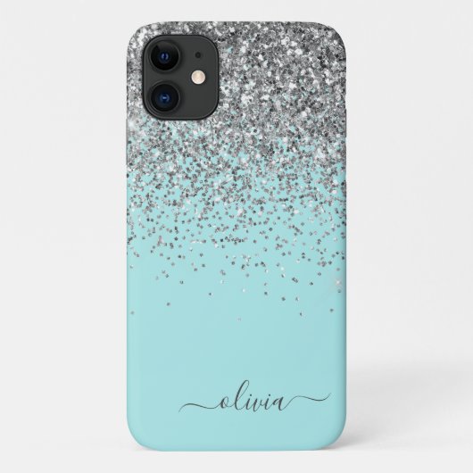Silver Aqua Aquamarin Blue Girl Glitzer Monogram Case-Mate iPhone Hülle (Rückseite)
