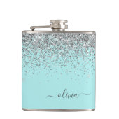 Silver Aqua Aquamarin Blue Girl Glitzer Monogram Flachmann (Vorderseite)