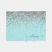Silver Aqua Aquamarin Blue Girl Glitzer Monogram Fleecedecke (Vorderseite (Horizontal))