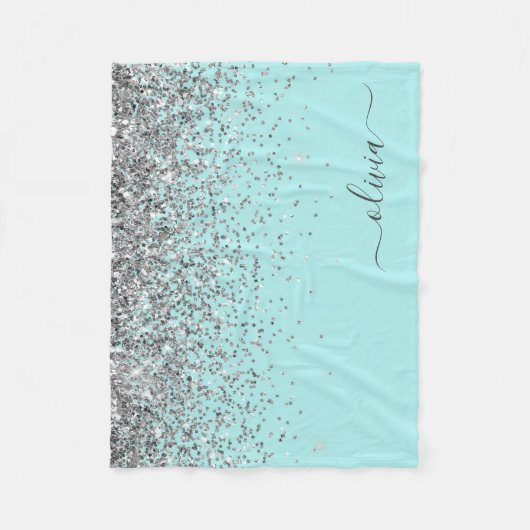 Silver Aqua Aquamarin Blue Girl Glitzer Monogram Fleecedecke (Vorderseite)