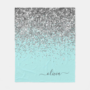 Silver Aqua Aquamarin Blue Girl Glitzer Monogram Fleecedecke
