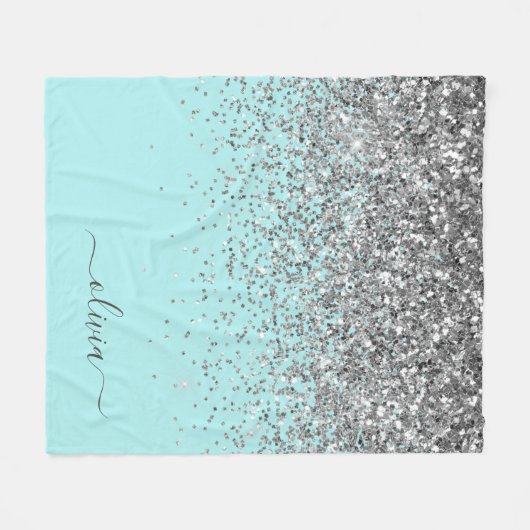 Silver Aqua Aquamarin Blue Girl Glitzer Monogram Fleecedecke (Vorderseite (Horizontal))