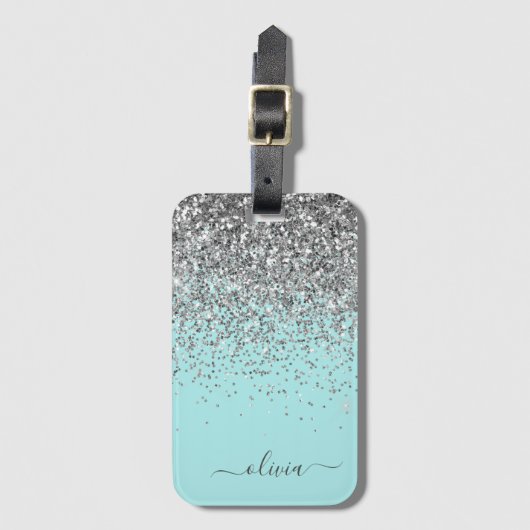 Silver Aqua Aquamarin Blue Girl Glitzer Monogram Gepäckanhänger (Vorderseite Vertikal)