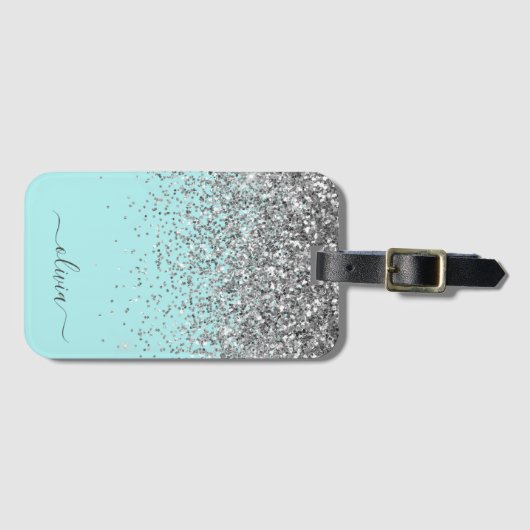 Silver Aqua Aquamarin Blue Girl Glitzer Monogram Gepäckanhänger (Vorderseite (Horizontal))