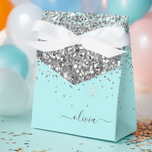 Silver Aqua Aquamarin Blue Girl Glitzer Monogram Geschenkschachtel