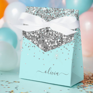 Silver Aqua Aquamarin Blue Girl Glitzer Monogram Geschenkschachtel