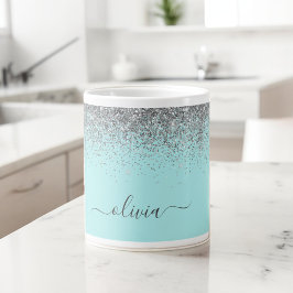 Silver Aqua Aquamarin Blue Girl Glitzer Monogram Kaffeetasse