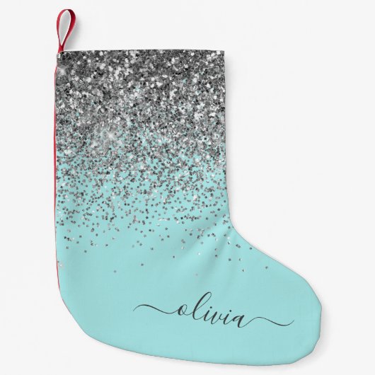 Silver Aqua Aquamarin Blue Girl Glitzer Monogram Kleiner Weihnachtsstrumpf (Vorderseite)