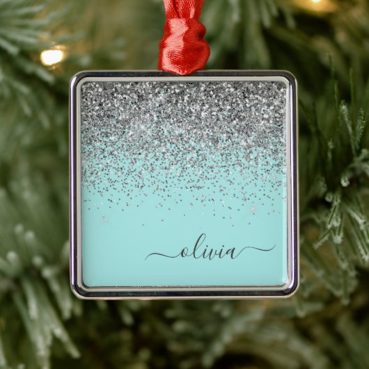 Silver Aqua Aquamarin Blue Girl Glitzer Monogram Ornament Aus Metall (Baum)