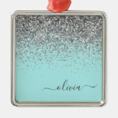 Silver Aqua Aquamarin Blue Girl Glitzer Monogram Ornament Aus Metall (Vorne)