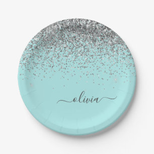Silver Aqua Aquamarin Blue Girl Glitzer Monogram Pappteller