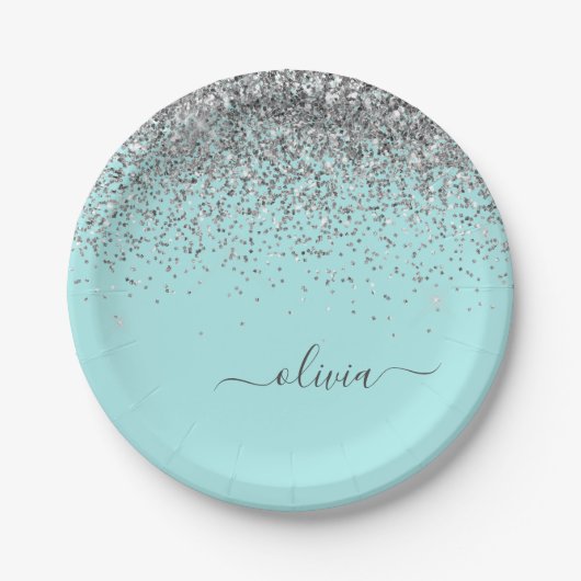 Silver Aqua Aquamarin Blue Girl Glitzer Monogram Pappteller (Vorderseite)