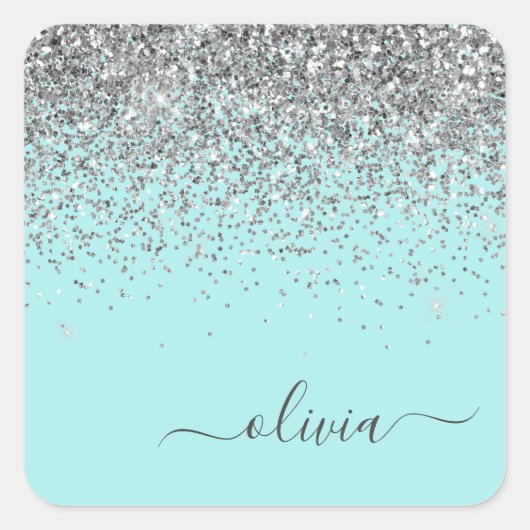 Silver Aqua Aquamarin Blue Girl Glitzer Monogram Quadratischer Aufkleber (Vorderseite)