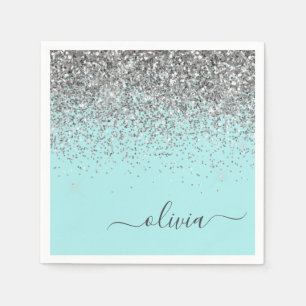 Silver Aqua Aquamarin Blue Girl Glitzer Monogram Serviette