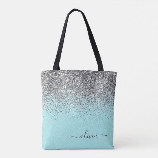 Silver Aqua Aquamarin Blue Girl Glitzer Monogram Tasche (Rückseite)