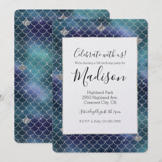 Silver Aqua Blue Mermaid Glitz Einladung (Vorne/Hinten)