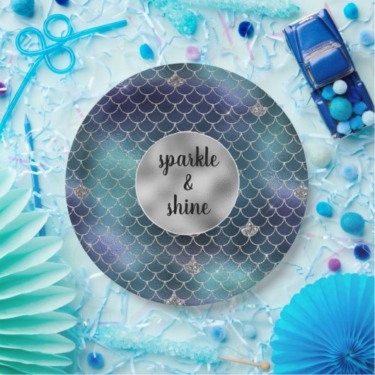 Silver Aqua Blue Mermaid Glitz Pappteller (Party)