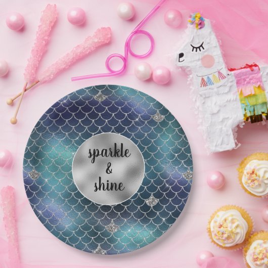 Silver Aqua Blue Mermaid Glitz Pappteller (Party)