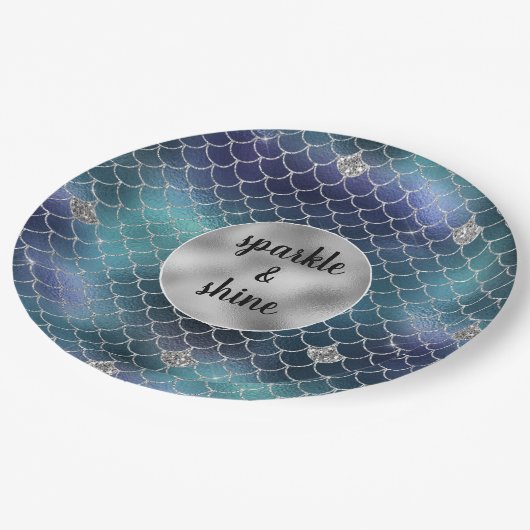 Silver Aqua Blue Mermaid Glitz Pappteller (Schrägansicht)