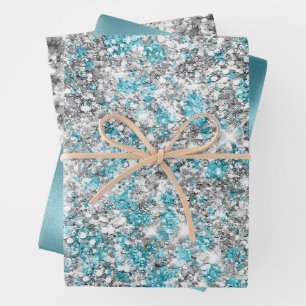 Silver Aqua Glam Glitzer Geschenkpapier Set