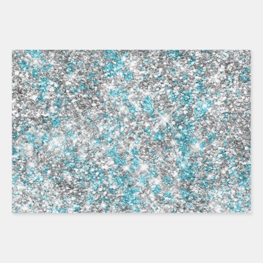 Silver Aqua Glam Glitzer Geschenkpapier Set (Vorderseite)