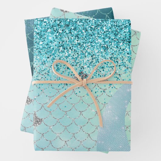 Silver Aqua Glitzer Mermaid Wasserfarbe Geschenkpapier Set (Beispiel)