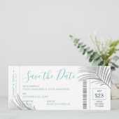 Silver Aqua Palm Tree Boarding Pass Rett Date Card Ankündigung (Stehend Vorderseite)