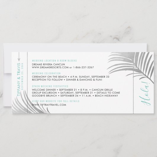 Silver Aqua Palm Tree Boarding Pass Rett Date Card Ankündigung (Rückseite)