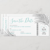 Silver Aqua Palm Tree Boarding Pass Rett Date Card Ankündigung (Vorne/Hinten)