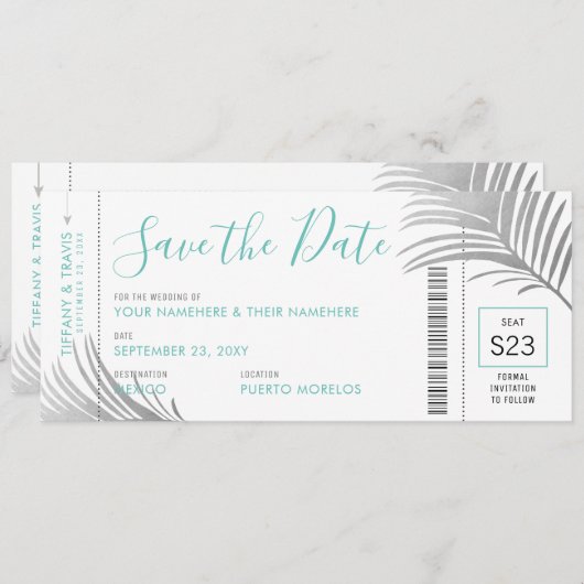 Silver Aqua Palm Tree Boarding Pass Rett Date Card Ankündigung (Vorne/Hinten)